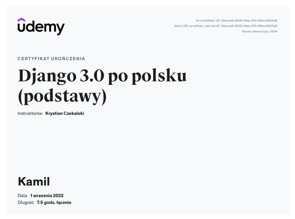 Certyfikat ukończenia kursu: Django 3.0 po polsku (podstawy)